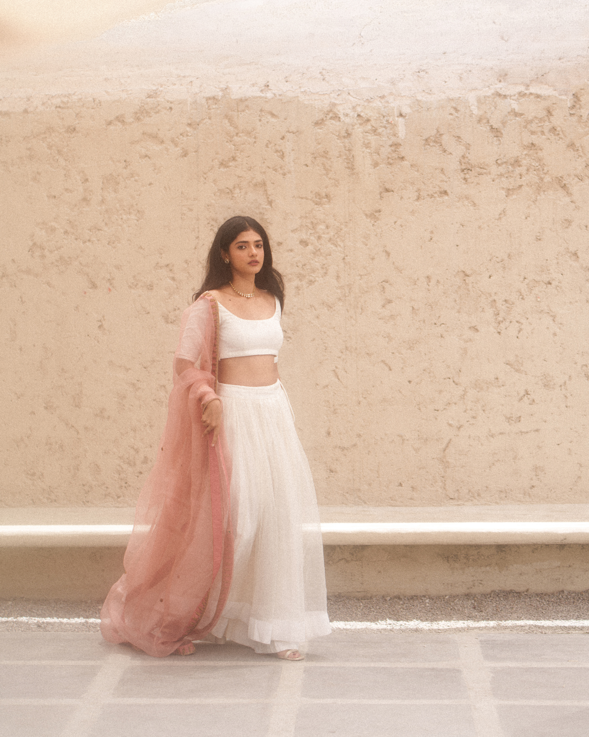 Noor Bahâr Ivory Double Layered Lehenga & Old Rose Kiara Dupatta - AHILYA BAMROO