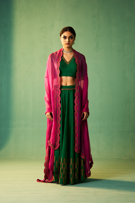 Nasrin Lehenga Set - Green & Rani Pink