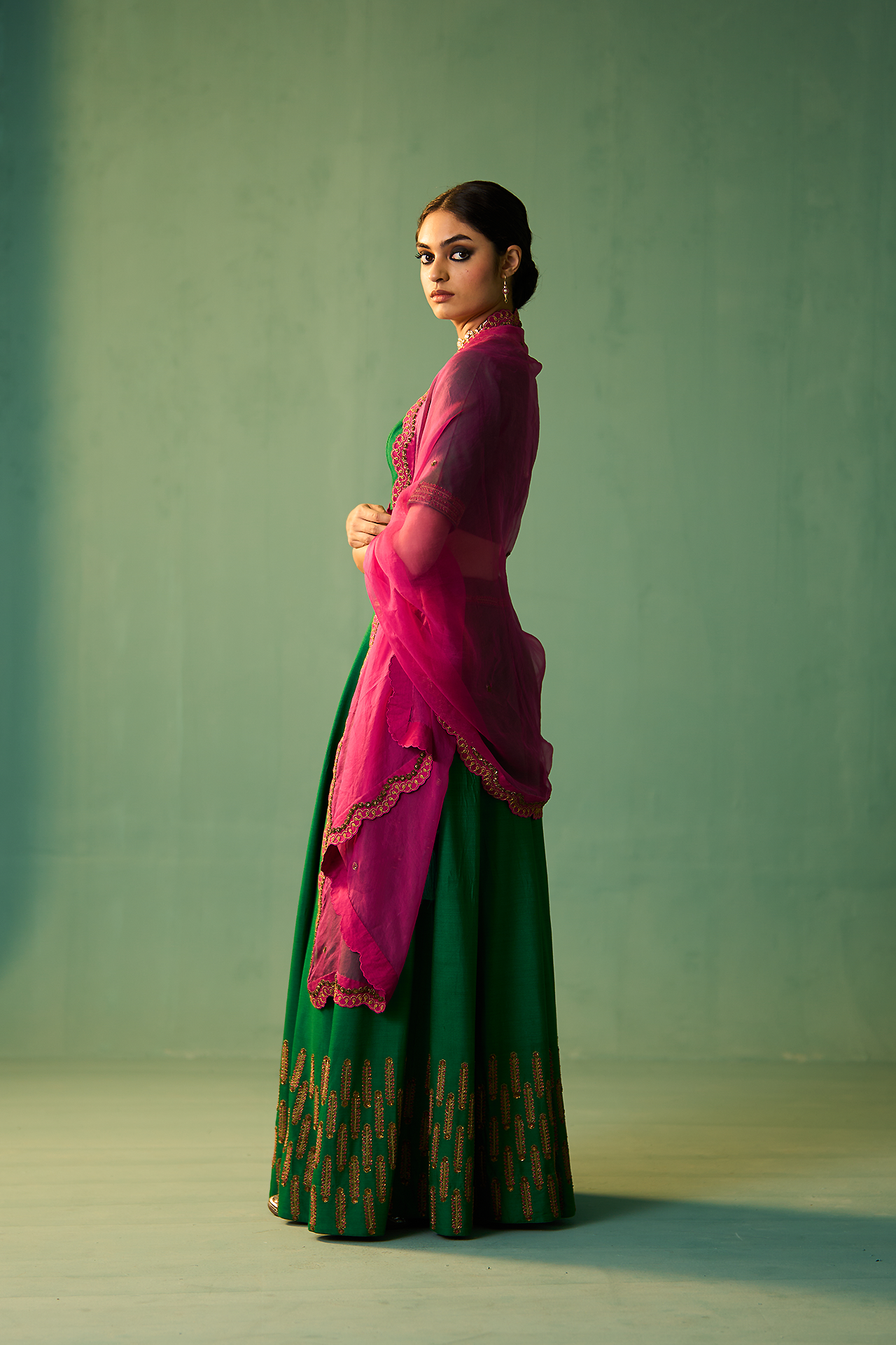 Nasrin Lehenga Set - Green & Rani Pink
