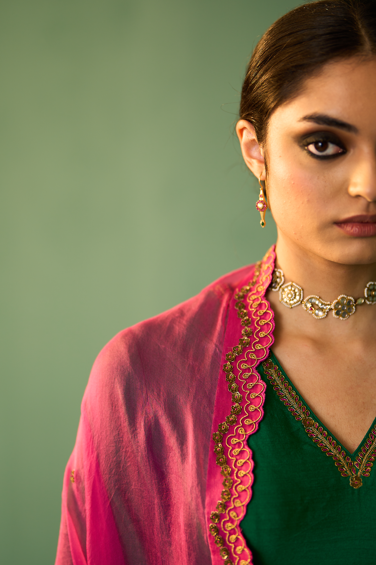 Nasrin Lehenga Set - Green & Rani Pink
