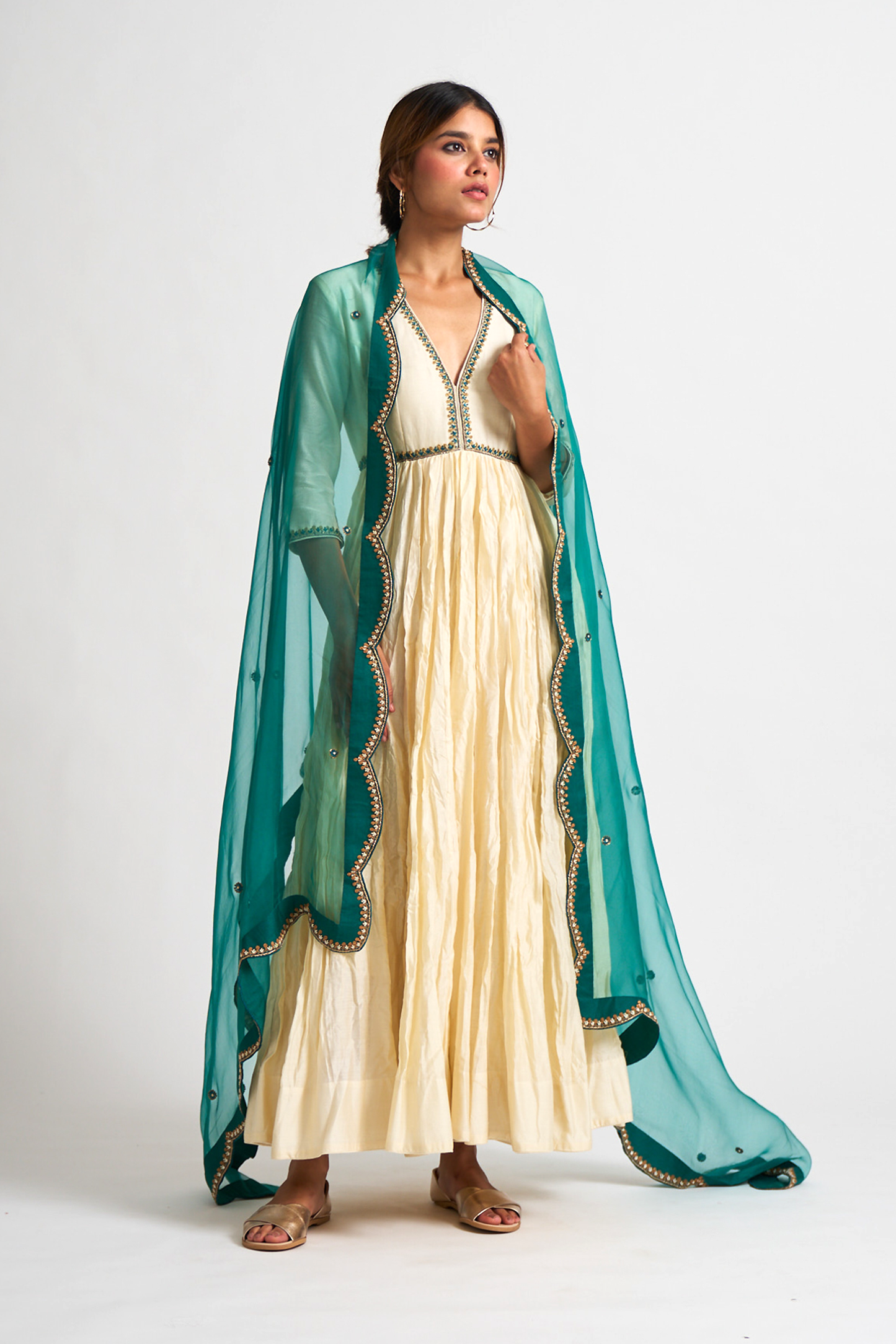 Mahira Anarkali Set (Ivory Anarkali & Sea Green Dupatta)