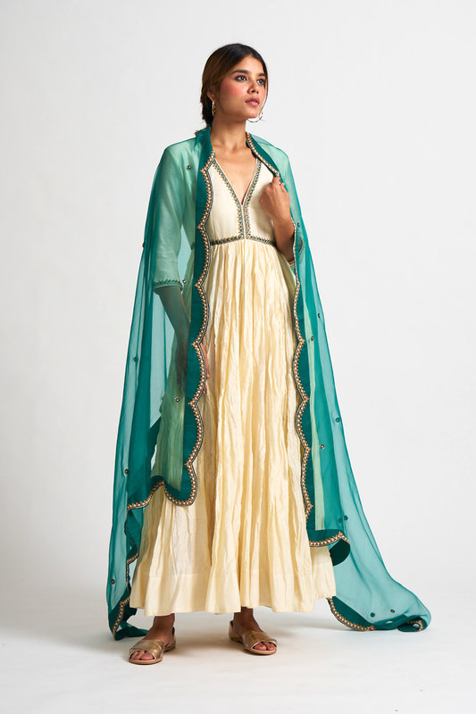 Mahira Anarkali Set (Ivory Anarkali & Sea Green Dupatta)