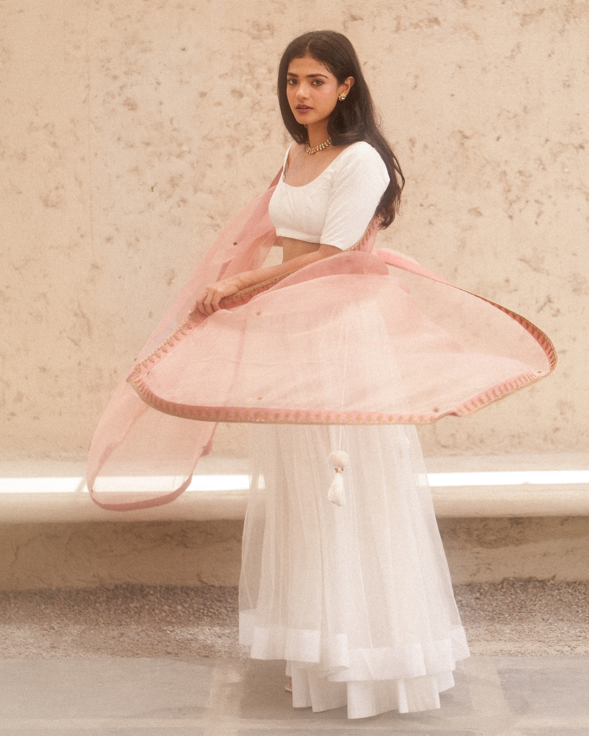 Noor Bahâr Ivory Double Layered Lehenga & Old Rose Kiara Dupatta - AHILYA BAMROO