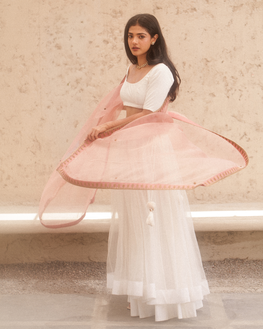Noor Bahâr Ivory Double Layered Lehenga & Old Rose Kiara Dupatta - AHILYA BAMROO