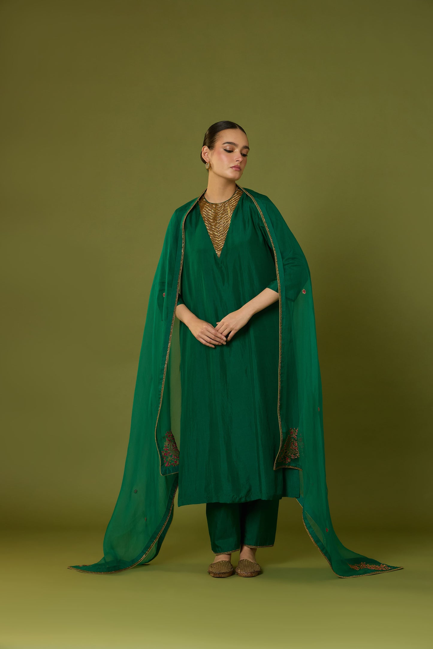 Heer Kurta Pant with Indira Dupatta (Emerald Green)
