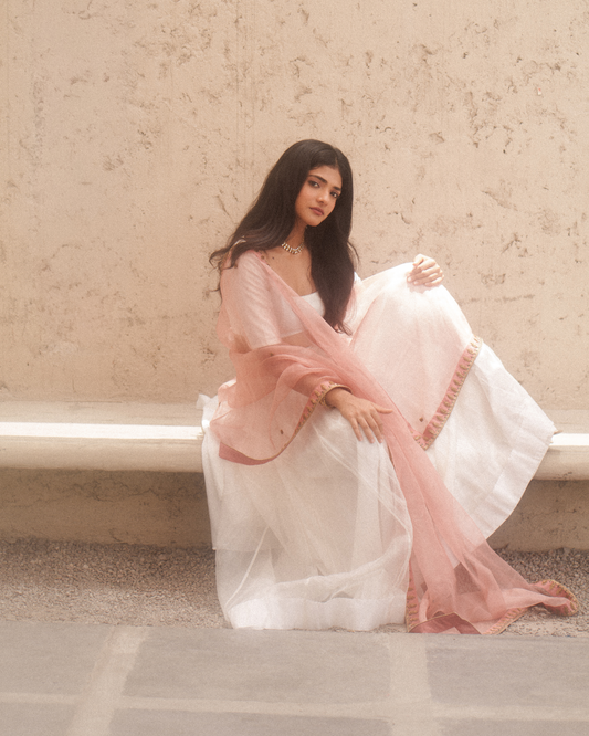 Noor Bahâr Ivory Double Layered Lehenga & Old Rose Kiara Dupatta - AHILYA BAMROO