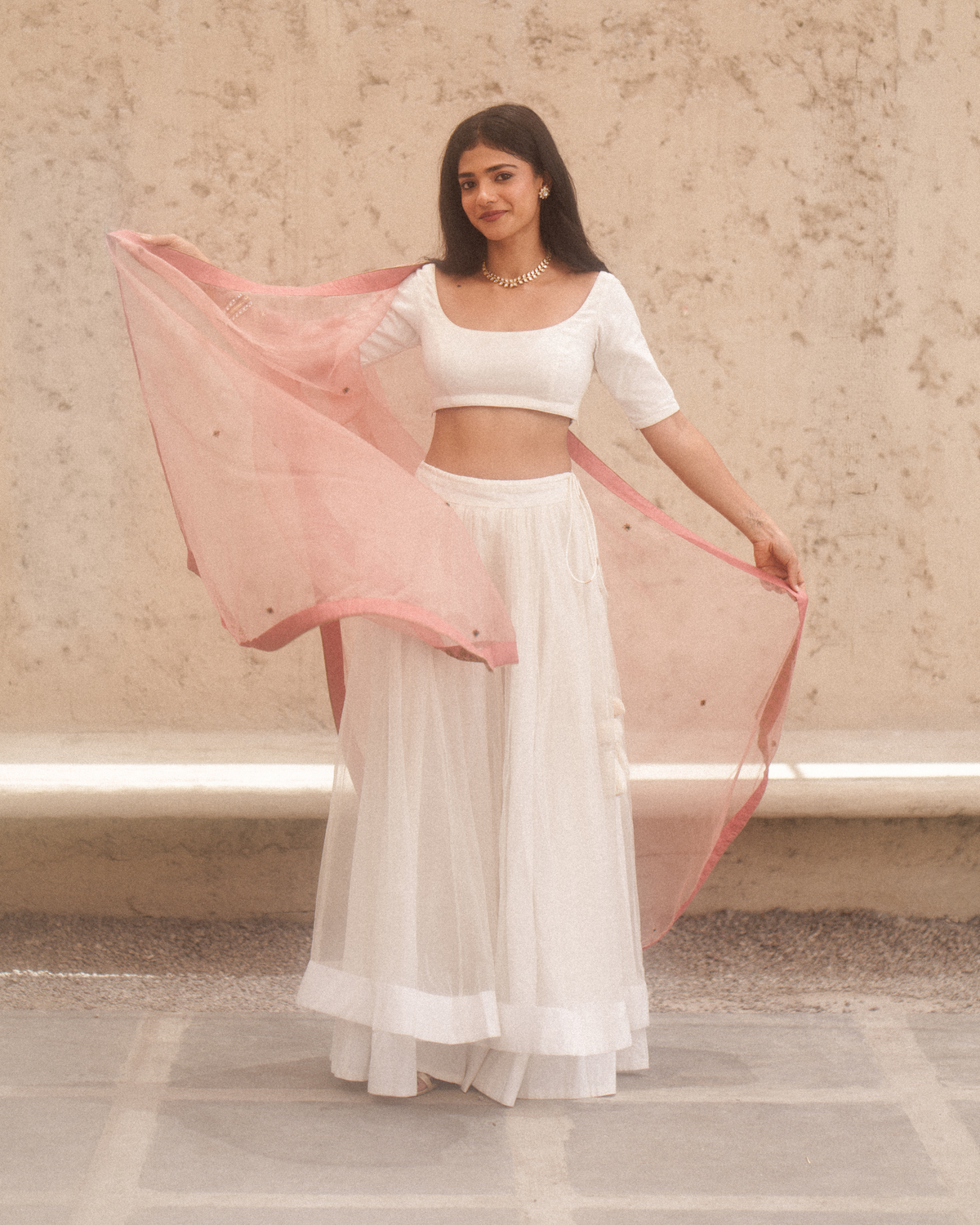 Noor Bahâr Ivory Double Layered Lehenga & Old Rose Kiara Dupatta - AHILYA BAMROO